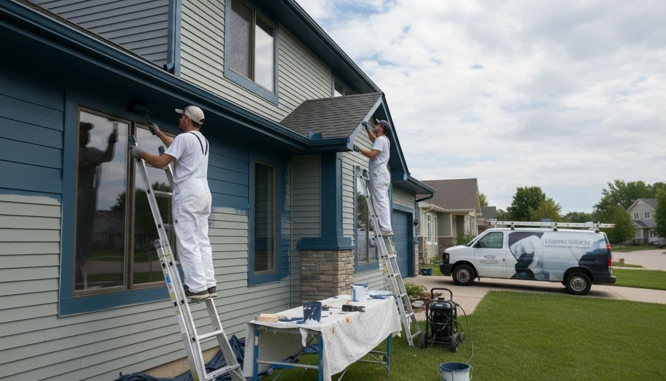 Two professional painters on ladders apply a fresh coat to the exterior siding of a two-story house in Minnesota suburbs under a partly cloudy sky, focusing on careful work.