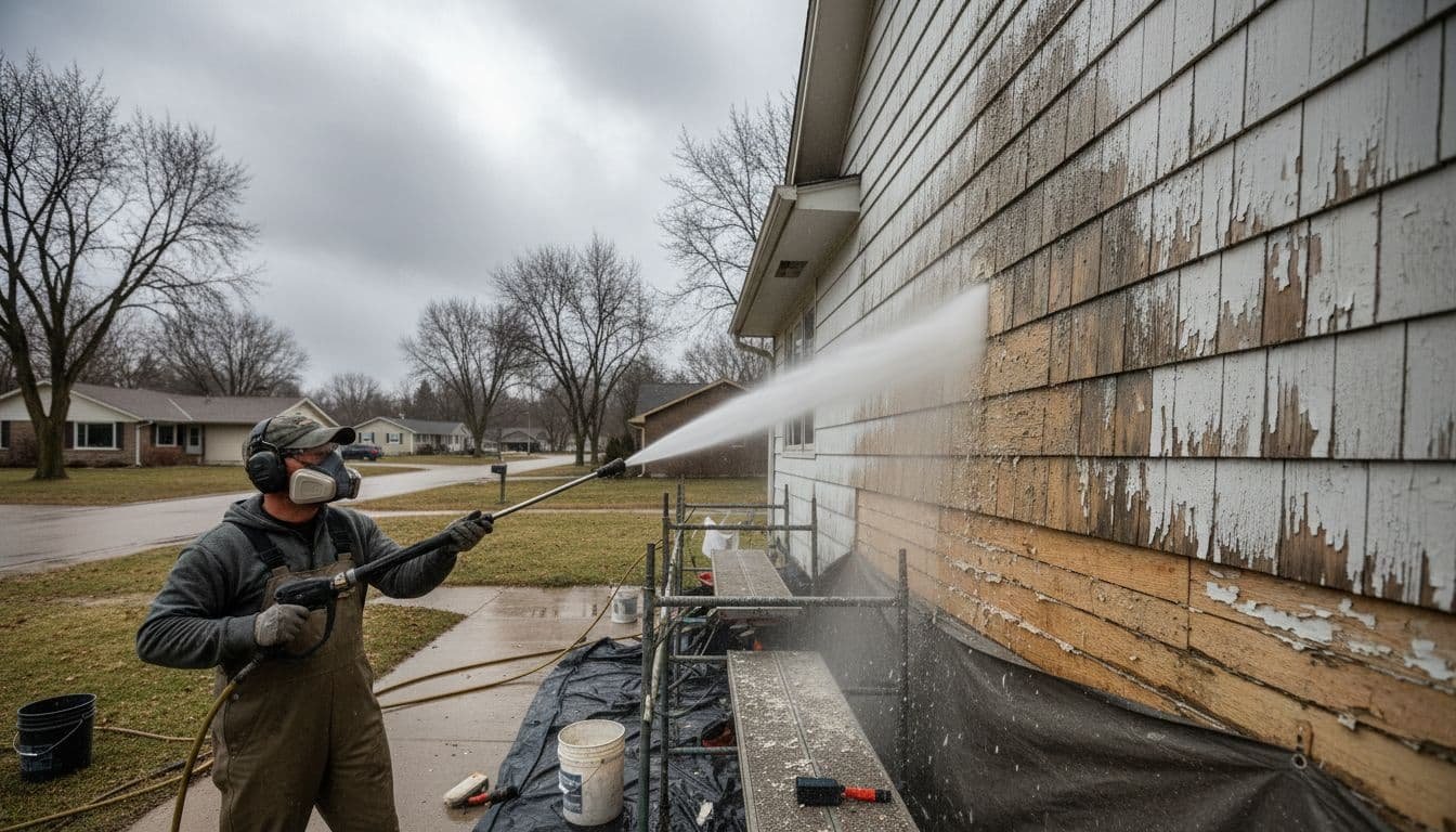 Close-up of a professional worker power washing wood siding on a Minnesota suburban home to remove old paint and dirt prior to painting, under an overcast sky.