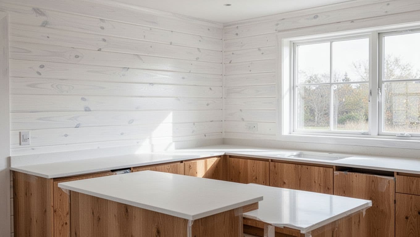 Brightly lit modern kitchen in a Minneapolis suburb home featuring freshly painted smooth satin white knotty pine walls with subtle wood grain, clean counters, wooden cabinets, and natural daylight from a window.