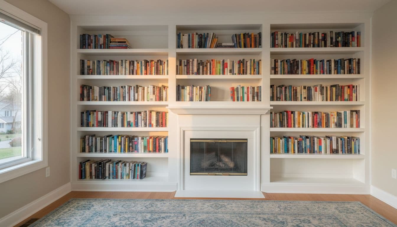 Freshly painted white built-in wooden bookshelves filled with colorful books in a cozy Minneapolis suburban home living room, warm afternoon light streaming through the window highlighting the smooth finish and wood grain.