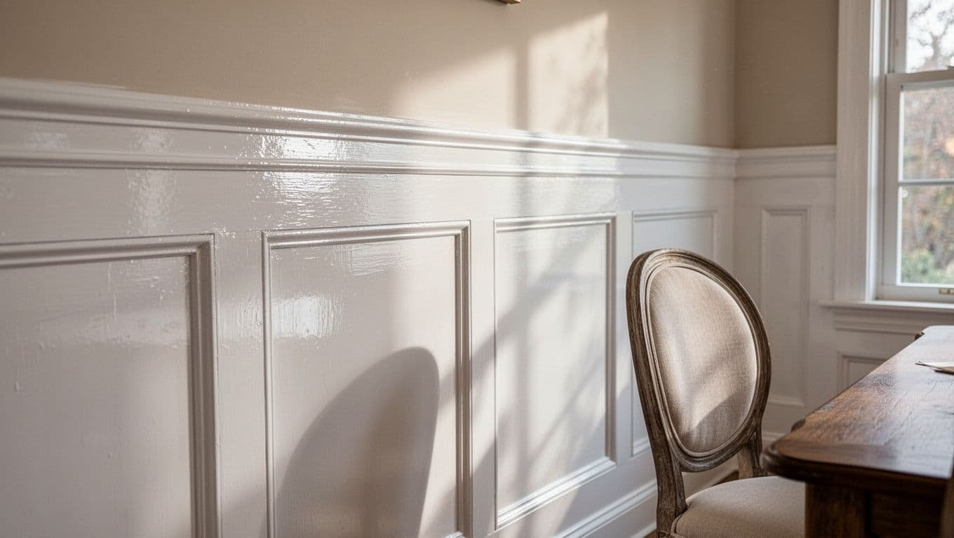 Close-up of freshly painted white wainscoting on a dining room wall in a Minneapolis home, featuring smooth glossy wood paneling, natural window light, soft shadows, and an elegant nearby chair in realistic photo style.