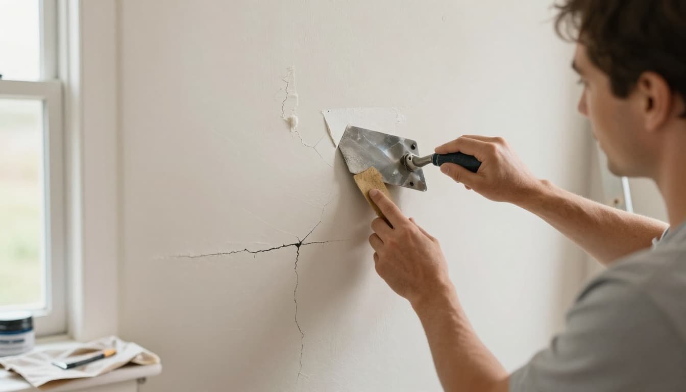 A professional painter patches cracks in an old plaster wall inside a Minneapolis home interior room, using a trowel and sanding tools on a ladder with drop cloths protecting the floor and natural daylight from the window.