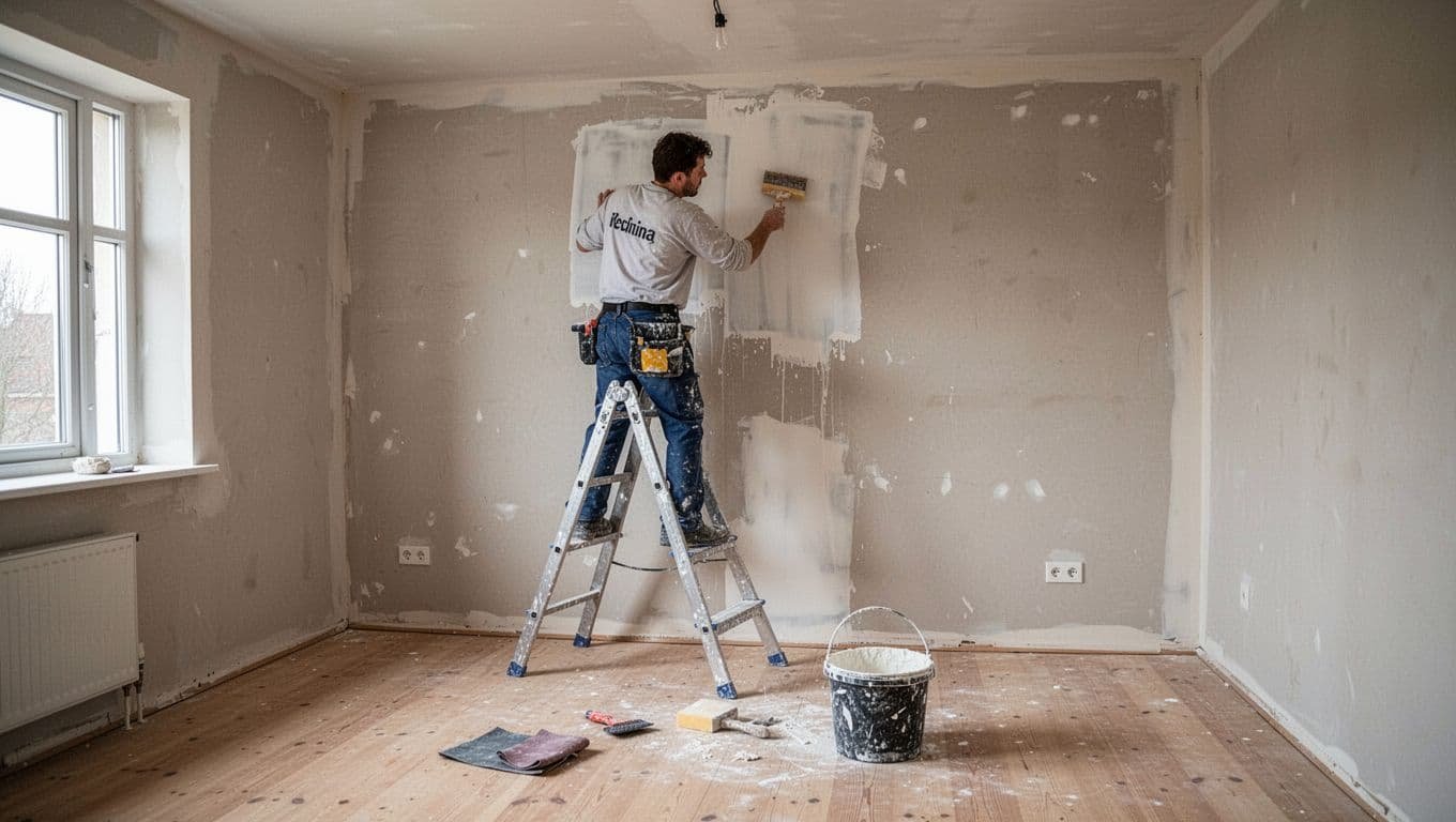 In a clean, empty bedroom of a Minneapolis bungalow, a single painter on a ladder patches drywall, sands walls, and preps surfaces before painting, with tools nearby and natural light.