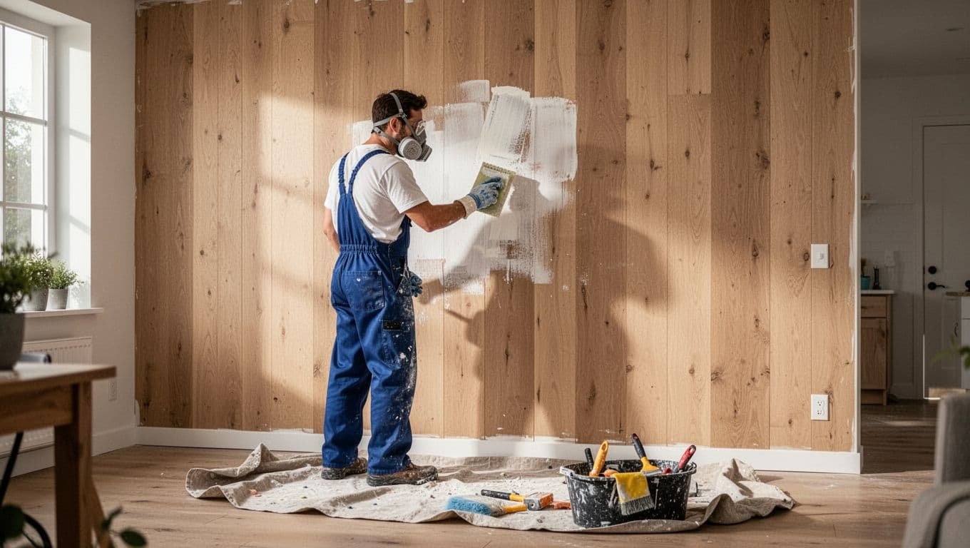 A professional painter wearing overalls and a mask sands and cleans a wood paneling wall in a home interior, with tools on a drop cloth under natural light.