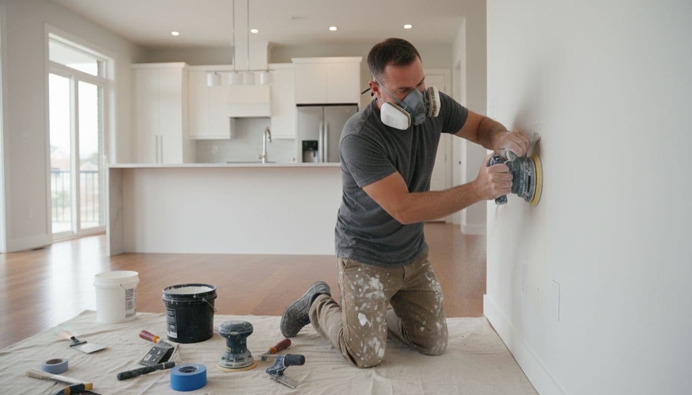 Painter sands and patches wall in modern kitchen with drop cloth and tools on floor.