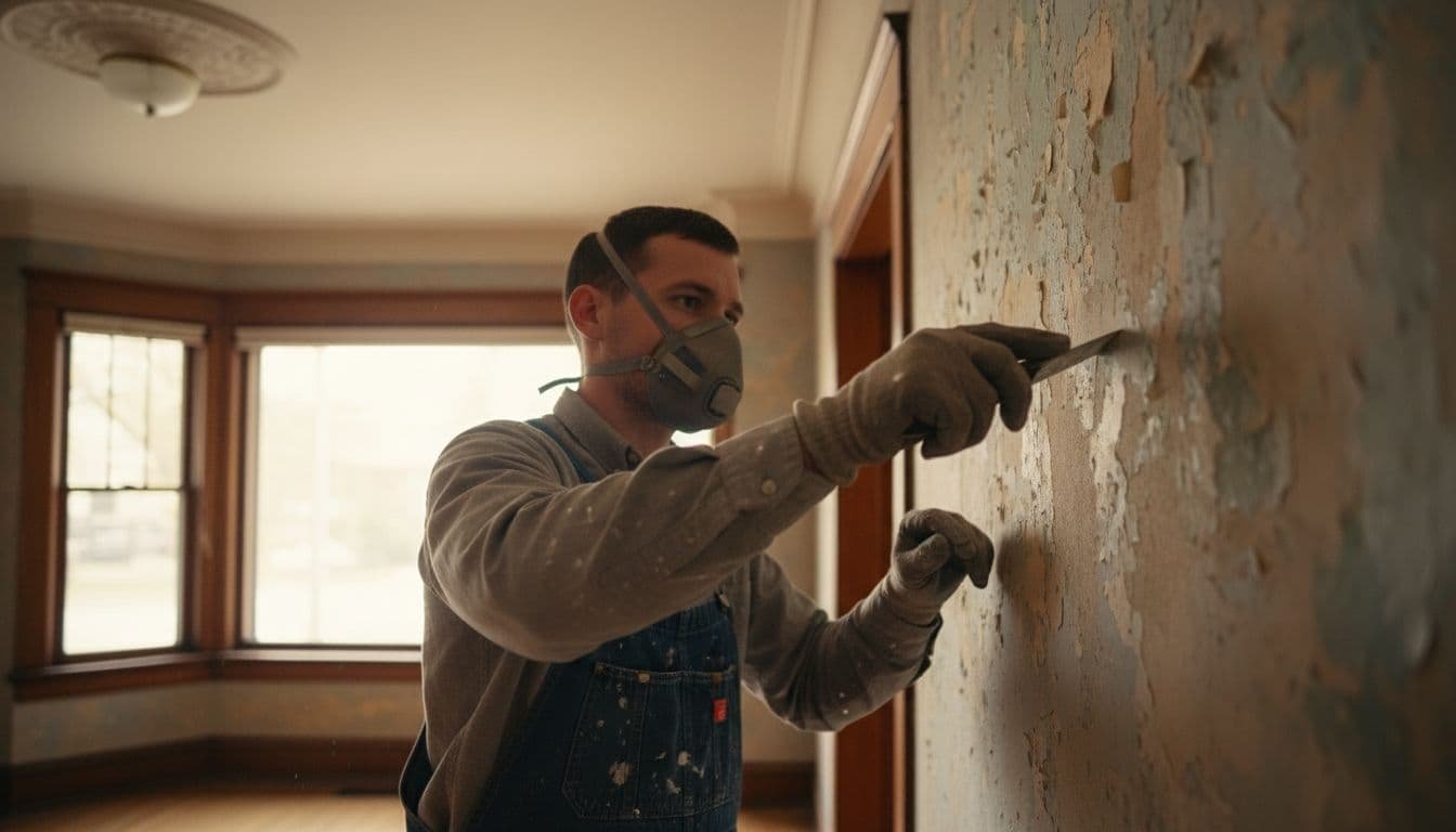 Close-up of gloved painter scraping old paint from delicate plaster wall in vintage bungalow living room.