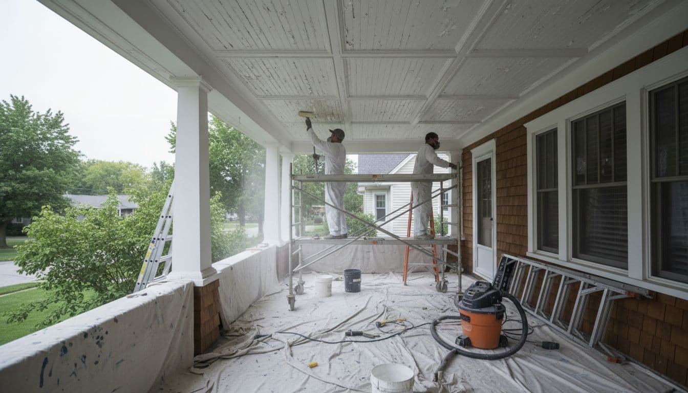 Two painters on scaffolding sand peeling paint from a high porch ceiling in a Twin Cities suburb home, using ladders and drop cloths under an overcast sky.