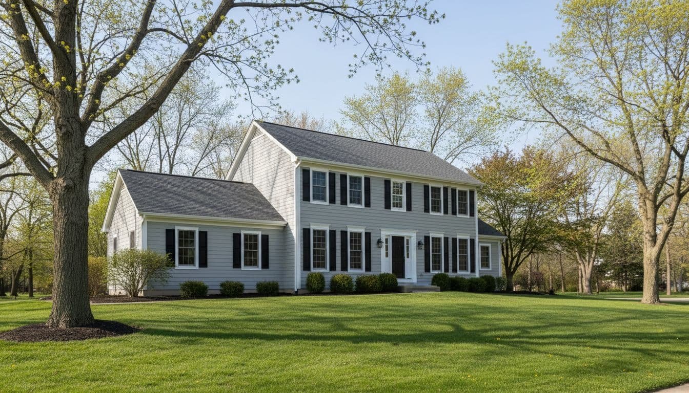 Two-story colonial style house with light gray siding, white trim, black shutters in quiet Plymouth Minnesota suburban neighborhood, green lawn, mature trees on clear spring morning.