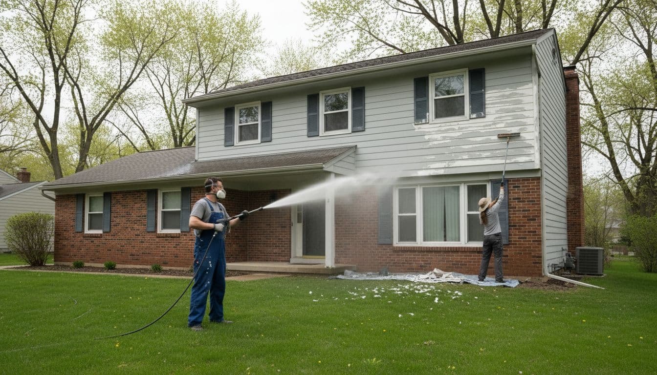 Two professional painters prepare a two-story suburban house exterior in Plymouth MN neighborhood: one power washes siding and brick, the other scrapes old paint, with green lawn and trees on an overcast spring day.