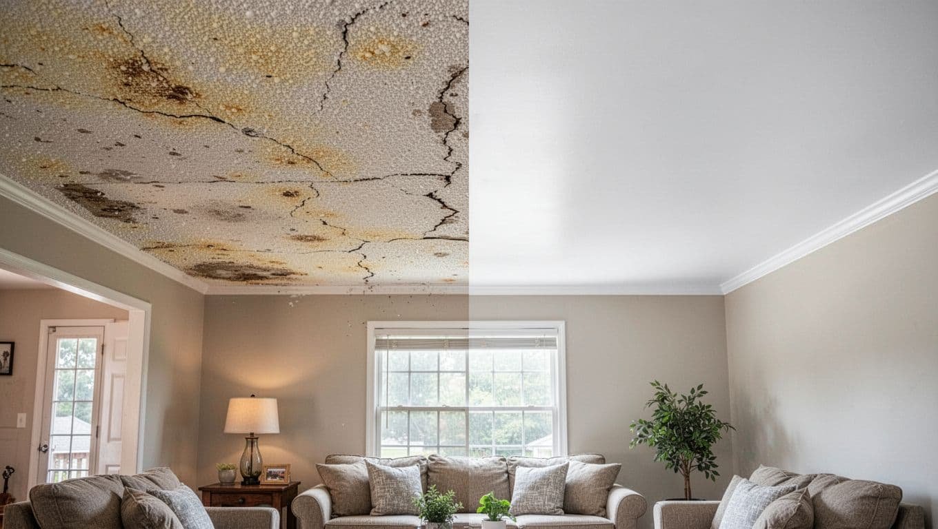 Split-image transformation of a popcorn ceiling in a Twin Cities suburban living room: left shows old yellowed bumpy texture with cracks and stains, right displays smooth white painted finish.