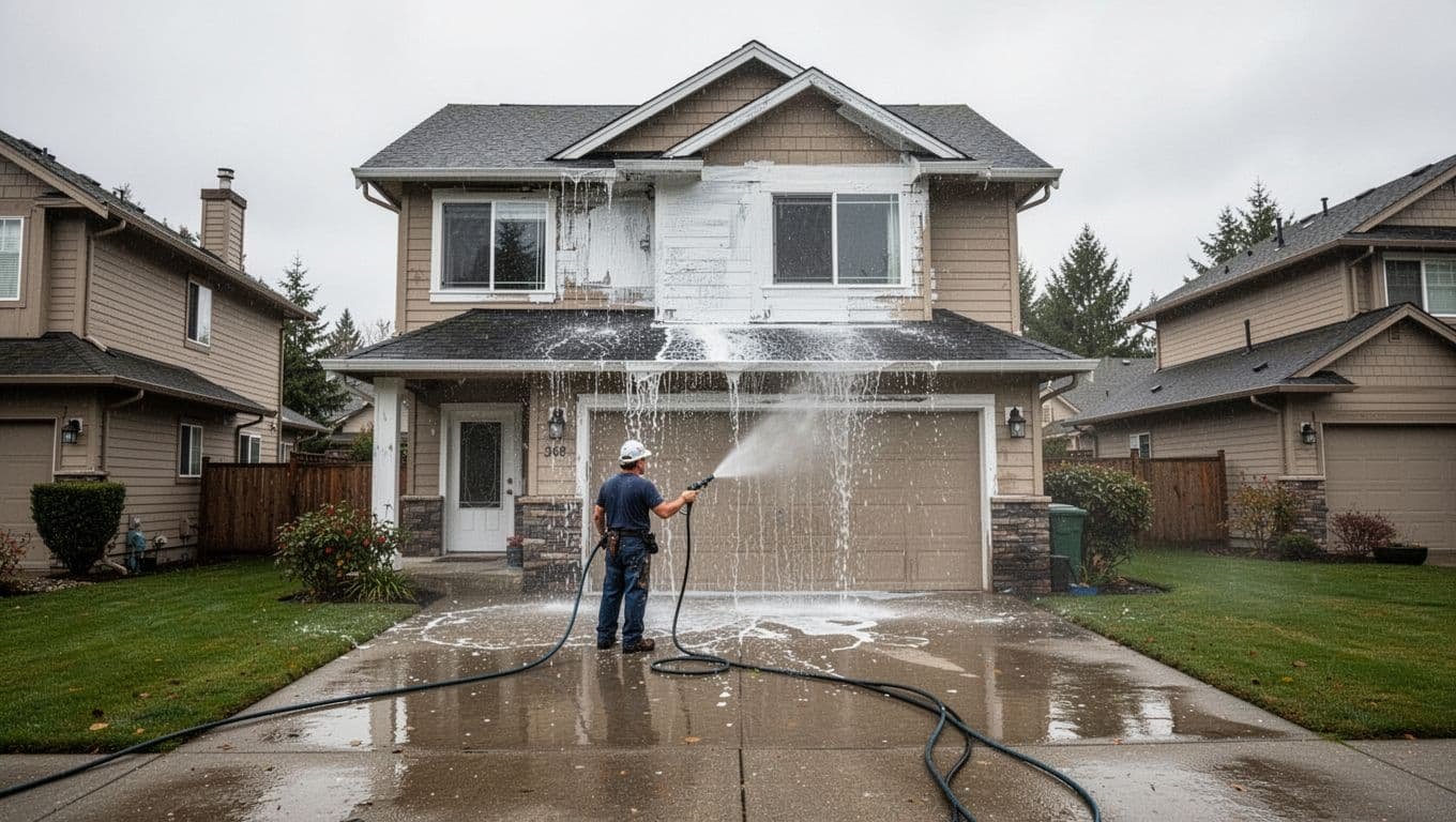 A professional painter power washes the exterior of a two-story house in Wayzata, Minnesota, removing old peeling paint and dirt with water runoff on the driveway under an overcast sky ideal for prep work.