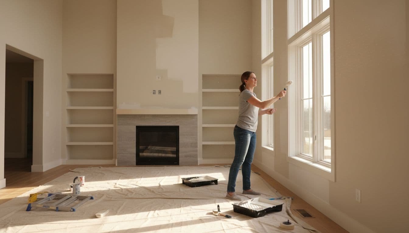 Professional painter applies paint to walls and trim in bright modern living room with natural light and drop cloths.