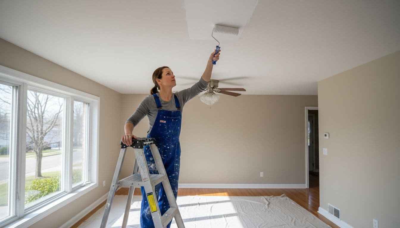 Professional painter applies white stain-blocking primer to a smooth repaired ceiling in a bright Minneapolis suburban home, standing on a sturdy ladder with drop cloths protecting the floor.
