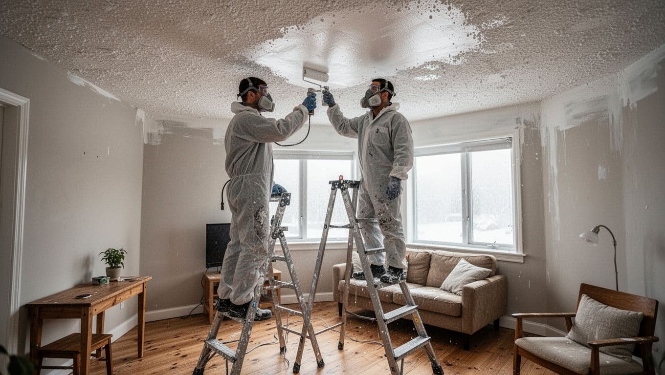 A professional painter stands on a sturdy ladder, carefully spraying flat white paint onto a heavily textured popcorn ceiling in a cozy Minneapolis living room, with natural light highlighting the details.