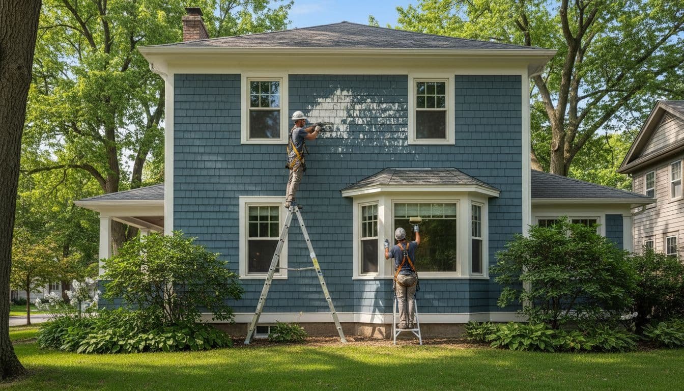 Two skilled professionals paint a two-story Four-Square home in Minneapolis: one on a ladder scrapes old paint from wood siding, the other rolls fresh paint on trim, both wearing safety harnesses in summer morning light with a green yard.