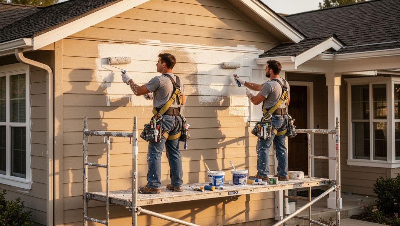 Two professional house painters safely working on scaffolding, one rolling paint on beige siding and another brushing trim on a ranch-style home in Woodbury, MN, during a summer morning with warm natural light.