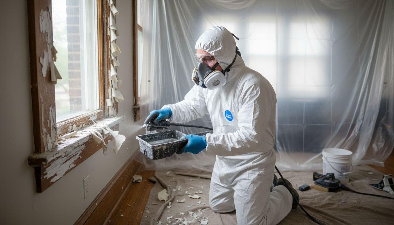 A professional painter wearing full protective gear including respirator, coveralls, gloves, and goggles carefully wet-scrapes old peeling lead paint from wood trim in a vintage Minneapolis home interior, with plastic sheeting for containment and drop cloths on the floor.