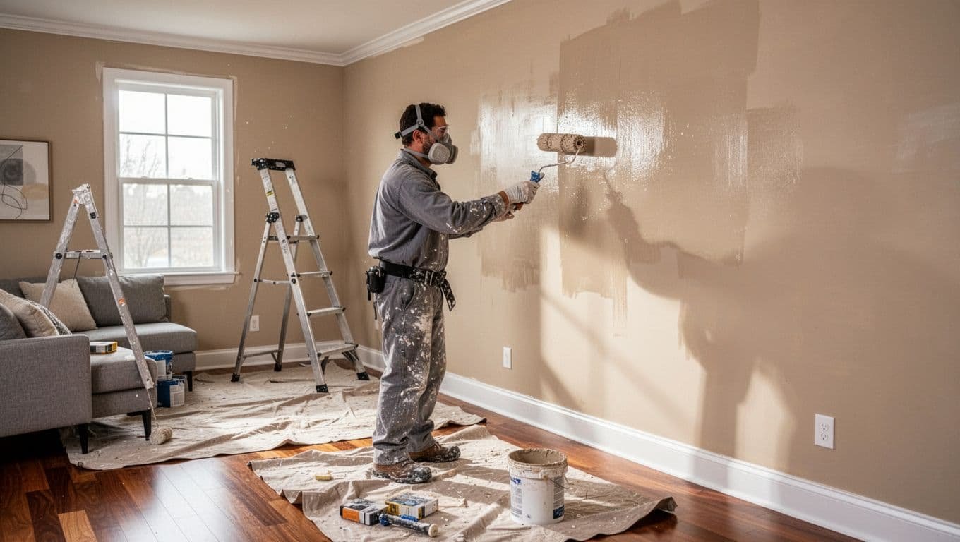 Professional painter in gear applies fresh paint to beige walls in modern living room with drop cloths and ladder.