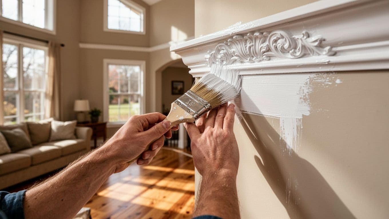 A professional painter carefully brushes white paint onto ornate crown molding in a cozy Minneapolis living room featuring high ceilings, wooden floors, and natural daylight from large windows. The focus is on the steady hand and smooth application technique.