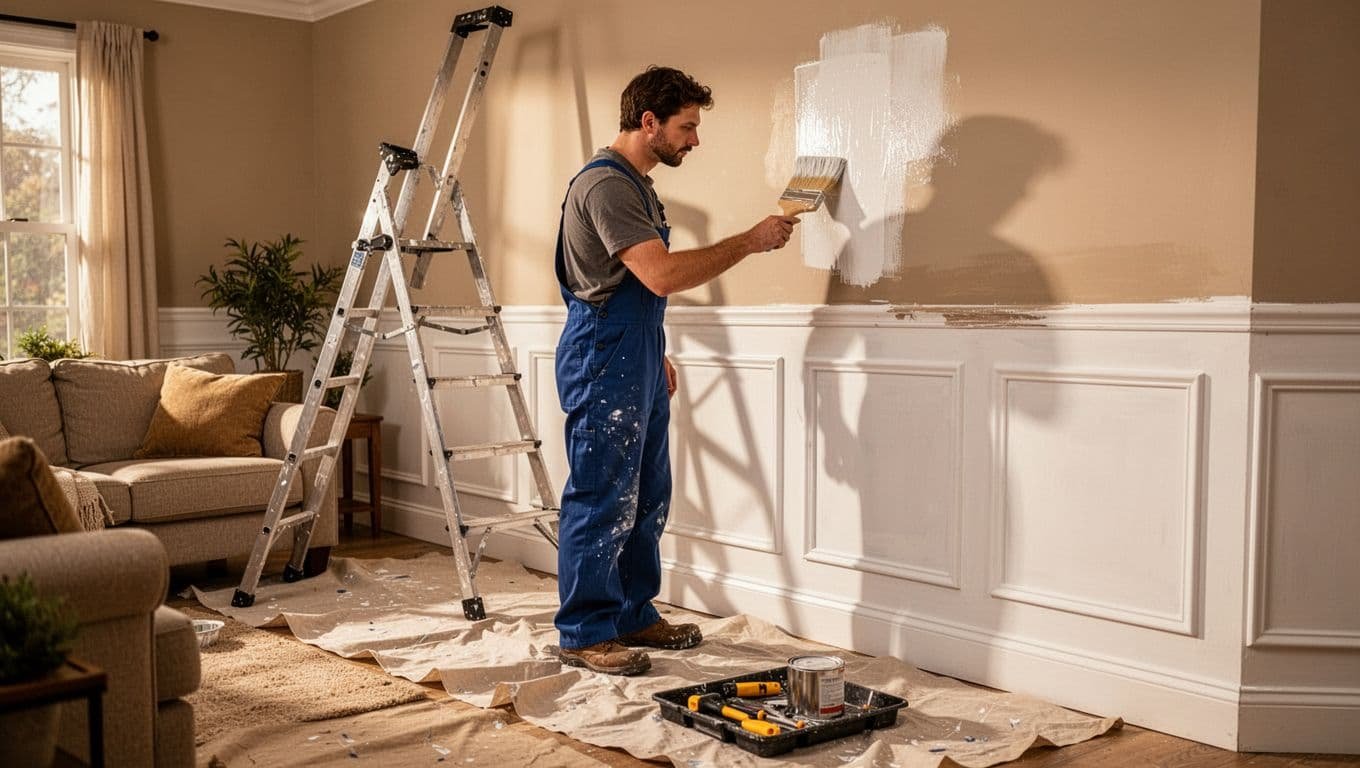 A professional painter in overalls carefully applies paint to wainscoting in a cozy suburban living room, with ladder, drop cloths, and tools nearby under warm lighting.