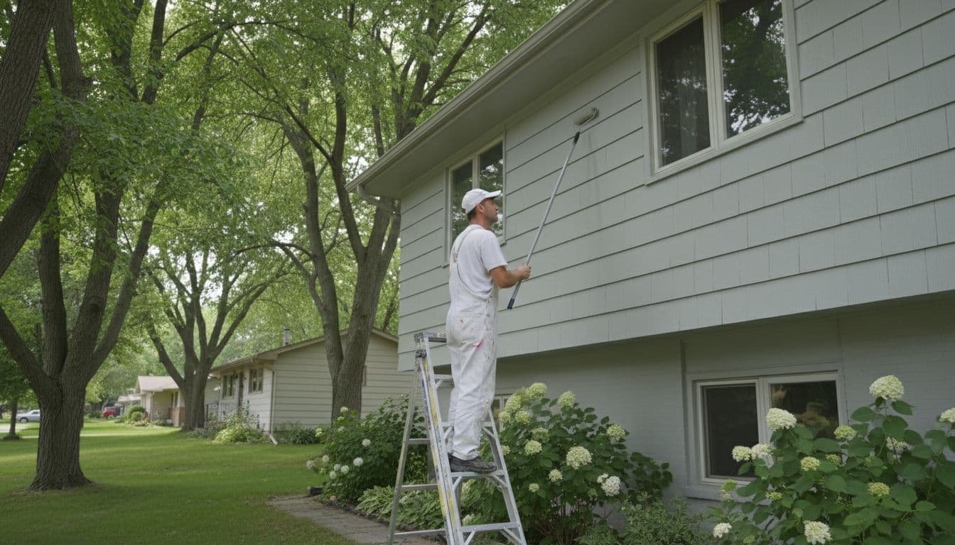 A professional painter stands on a ladder using a roller to paint the light gray siding of a two-story suburban house exterior in a Twin Cities neighborhood like St. Louis Park, Minnesota, on a sunny summer day with green yard and trees.