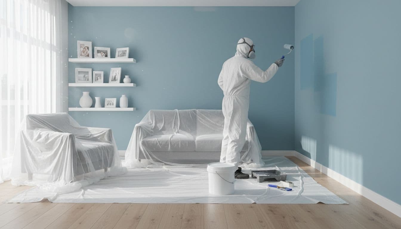 A professional painter in protective gear carefully paints a living room wall in an occupied Minneapolis home, with furniture draped in plastic drop cloths and family photos undisturbed under natural daylight.