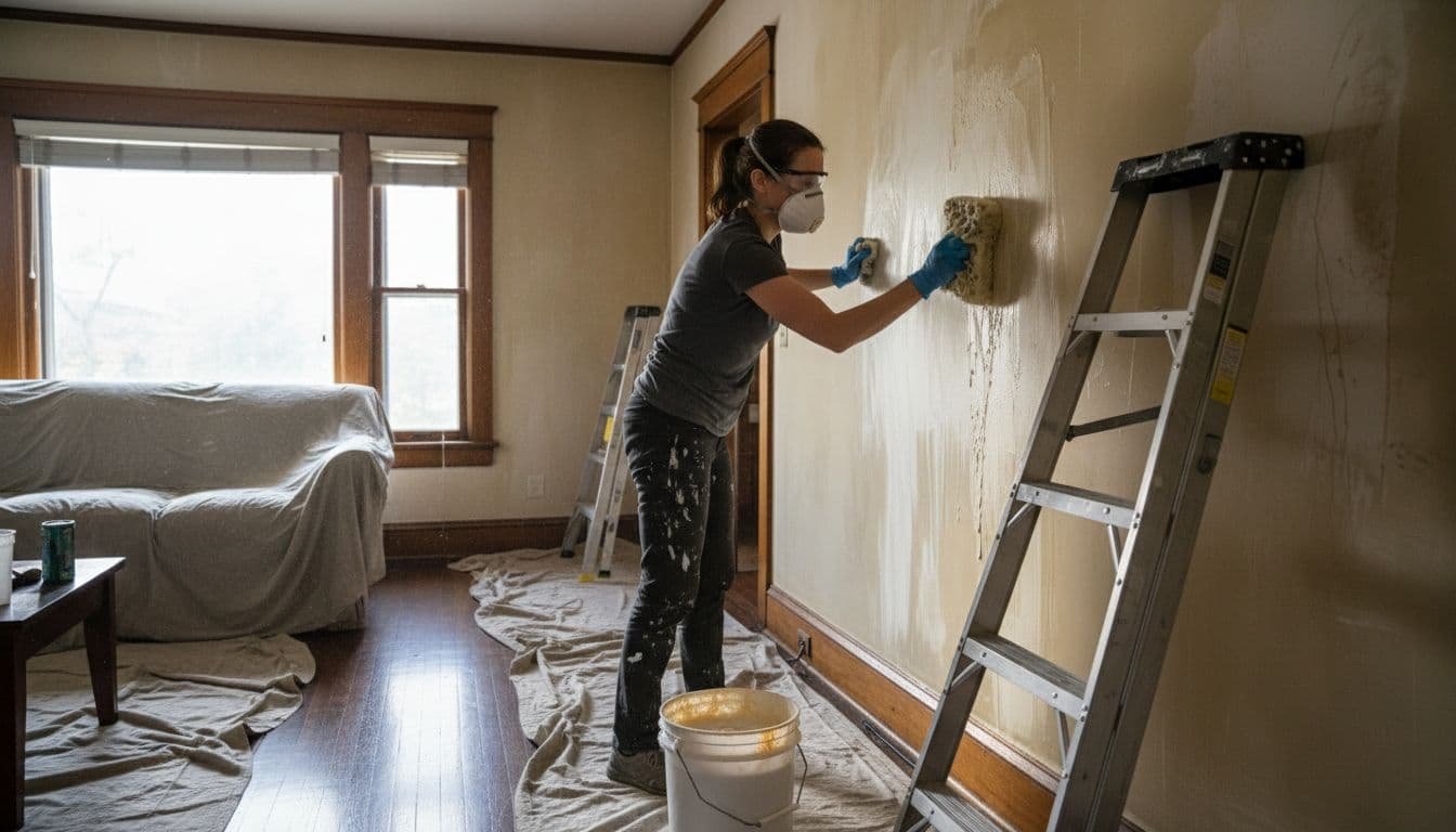 A professional painter in mask and gloves scrubs a yellowed, sooty interior wall in a Minneapolis home using a sponge and cleaning bucket, with ladder, drop cloths on hardwood floor, and bright window light.