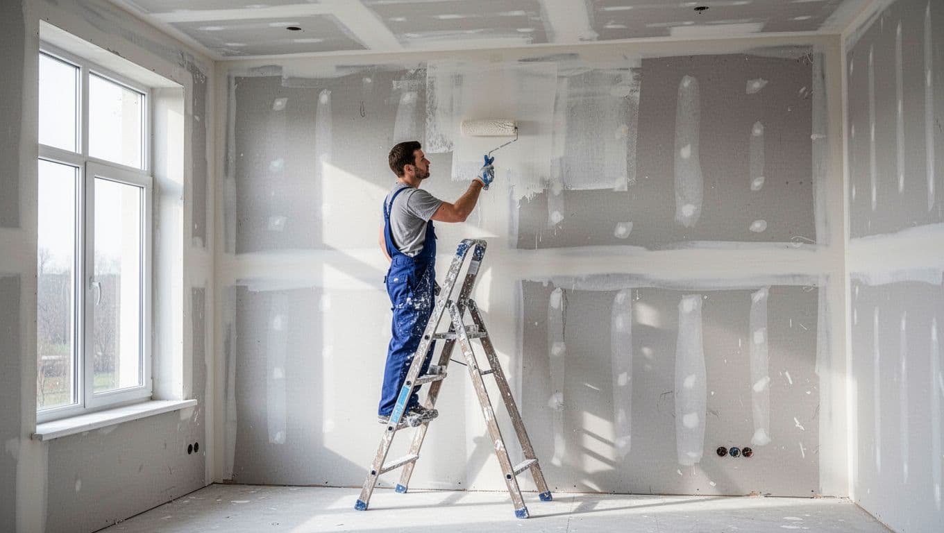 A professional painter on a ladder uses a roller to apply primer to fresh new drywall in a bright, modern Minneapolis home interior filled with natural light from a window.