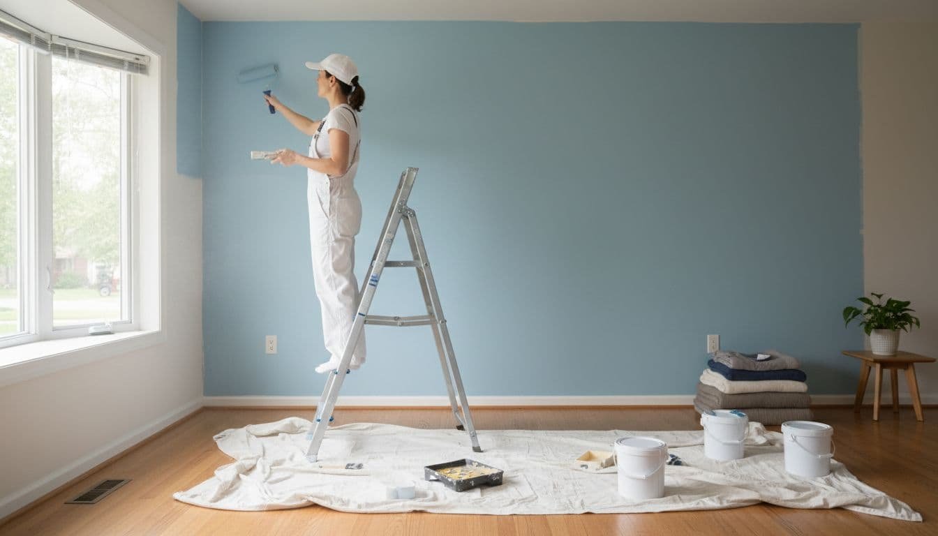 Professional painter uses roller on living room wall with wooden floors, natural daylight, paint cans, and drop cloths.