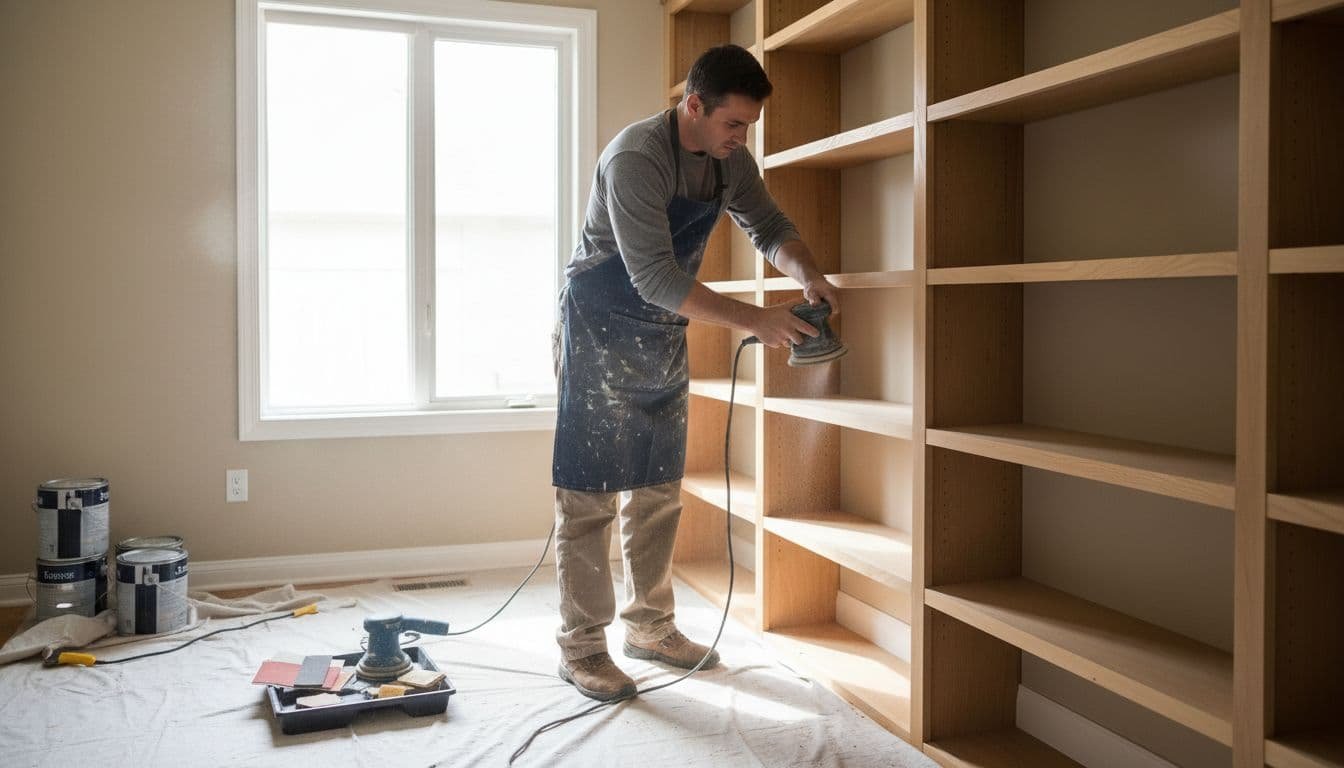 A professional male painter in work clothes carefully sands the edges of wooden built-in bookshelves in a bright home office, with drop cloths and tools nearby.