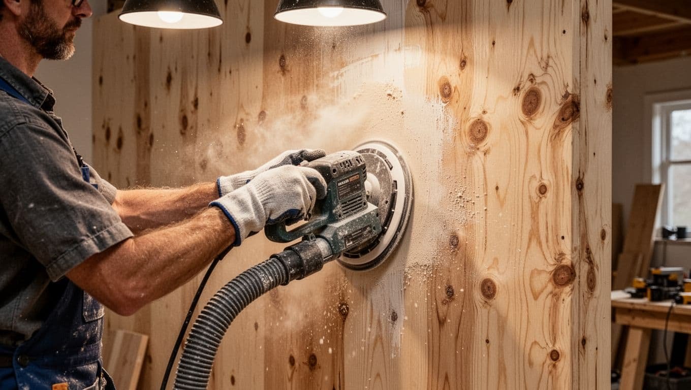 A professional painter carefully sands a textured knotty pine wall in a residential interior using a power sander with dust extraction hose and visible wood dust.