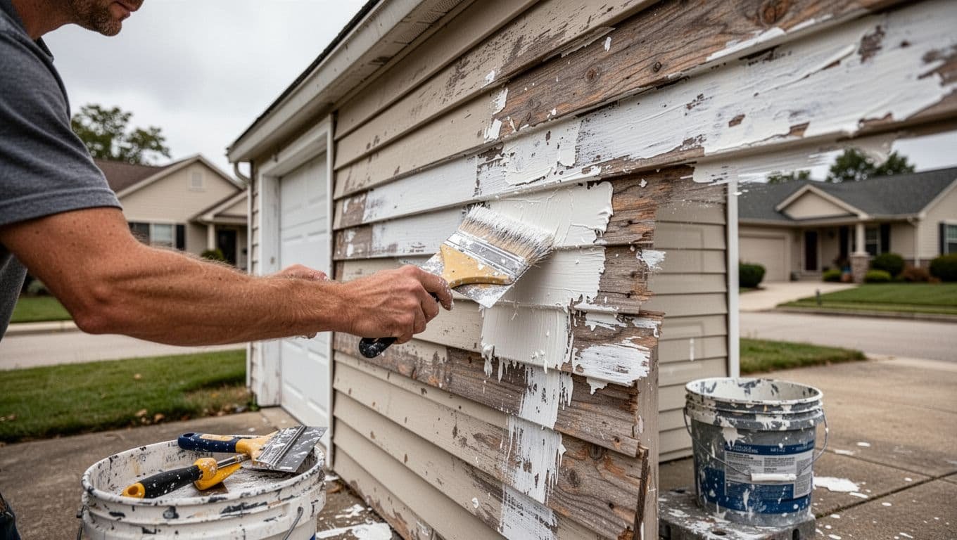 A professional painter scrapes old paint from the siding of a detached garage in a Minneapolis suburb, with tools nearby under an overcast sky, emphasizing proper surface preparation.
