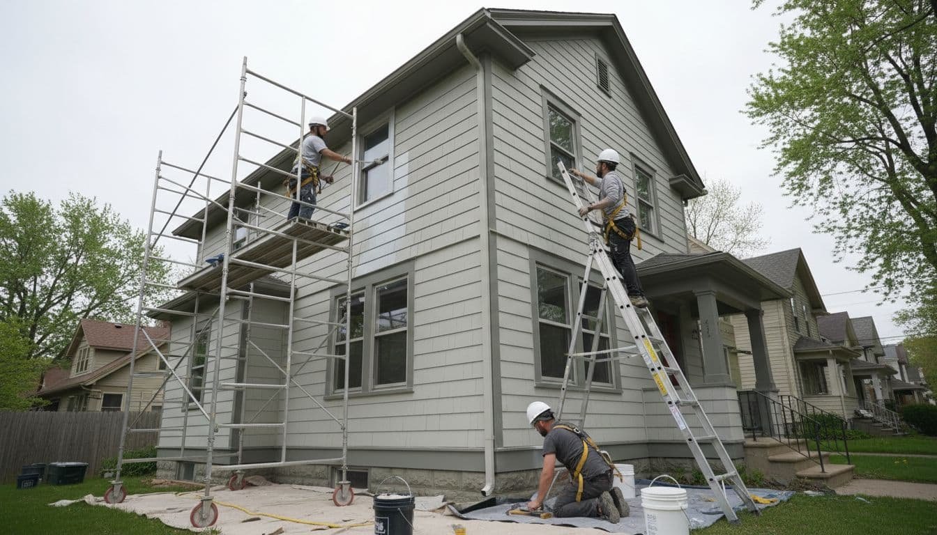 Two professional painters on scaffolding and ladder meticulously prep and paint a two-story duplex exterior in Minneapolis, wearing safety gear with tools like brushes and rollers on an overcast spring day.