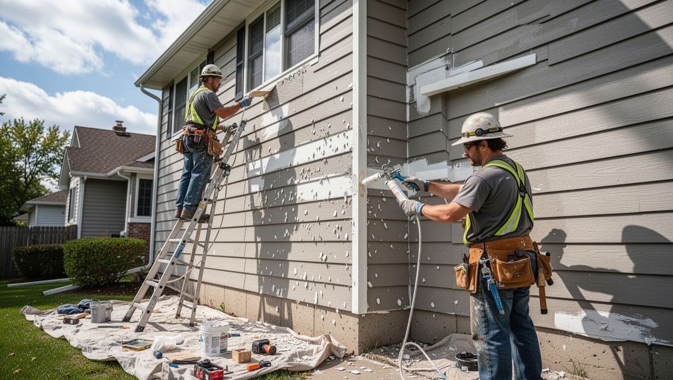 Close-up view of two professional painters preparing Masonite siding on a two-story house exterior in a Minneapolis suburb, one on a ladder scraping loose paint chips, the other applying caulk to joints with a caulking gun, drop cloths and tools on ground under partly cloudy sky.