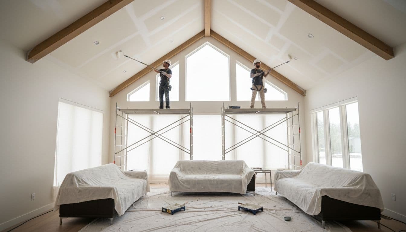 Two professional interior painters wearing safety harnesses and helmets work on scaffolding to paint a high vaulted ceiling in a spacious modern living room, with drop cloths protecting furniture below and natural light from large windows.