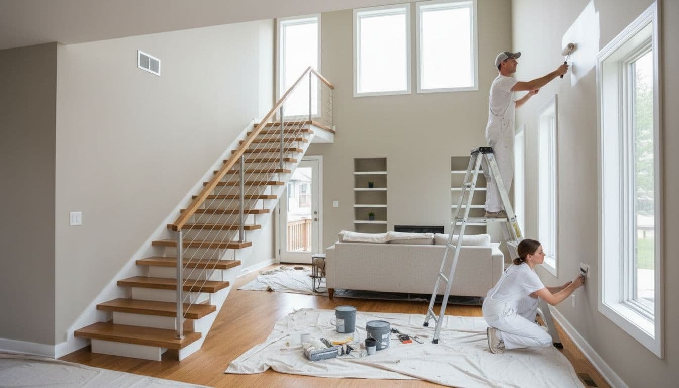 Two professional painters work in a modern Minneapolis-style split-level home interior, one on a ladder painting neutral walls near open stairs connecting living room and upper level, with organized drop cloths, tools, and natural daylight.