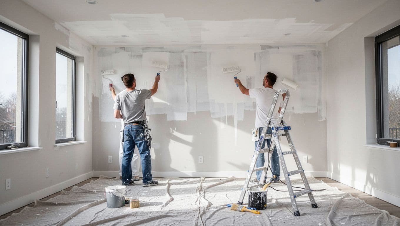 Two professional painters applying white paint to walls and ceiling in an empty vacant living room of a modern Minneapolis home, natural window light, drop cloths, ladders, rollers, and brushes in a bright clean atmosphere.