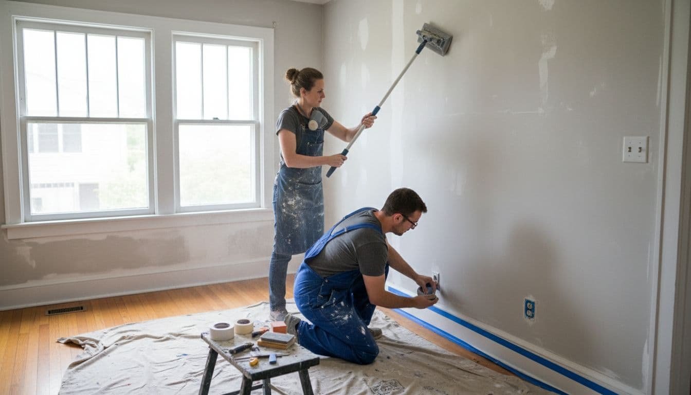 Two skilled painters in a classic Minneapolis bungalow kitchen prepare the wall: one sanding plaster smoothly with both hands on the sander, the other taping trim carefully, drop cloths on hardwood floor, organized tools nearby, natural daylight from window.