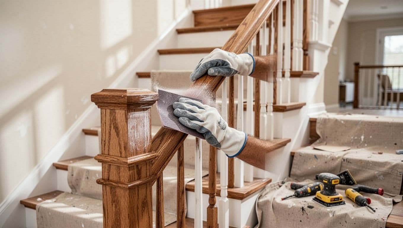 A professional worker with gloved hands carefully sands an interior wooden banister in a Twin Cities suburban home staircase, prepping the surface for painting with tools on a nearby drop cloth in natural indoor lighting.