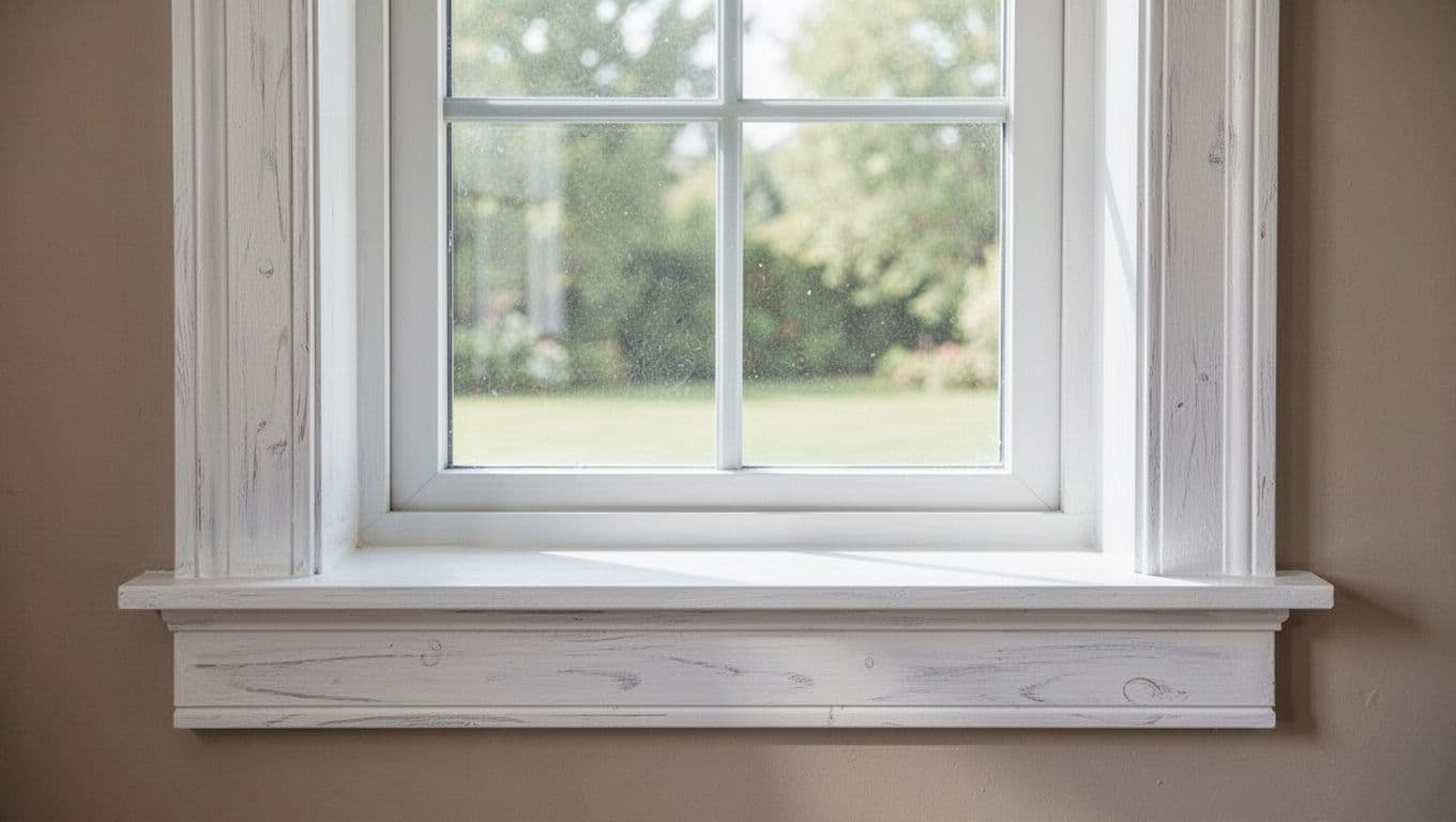 Close-up view of neatly painted white window trim and frame on a residential window inside a cozy Minneapolis home, with soft natural light highlighting the subtle wood grain under the paint in a clean modern style.