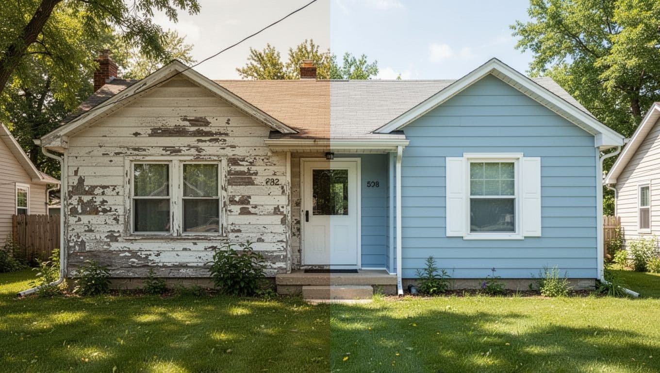 Clean before-and-after split image of a Roseville MN suburban house exterior: left faded peeling paint on siding, right freshly painted smooth light blue with white trim, bright summer day, green yard, realistic photo.