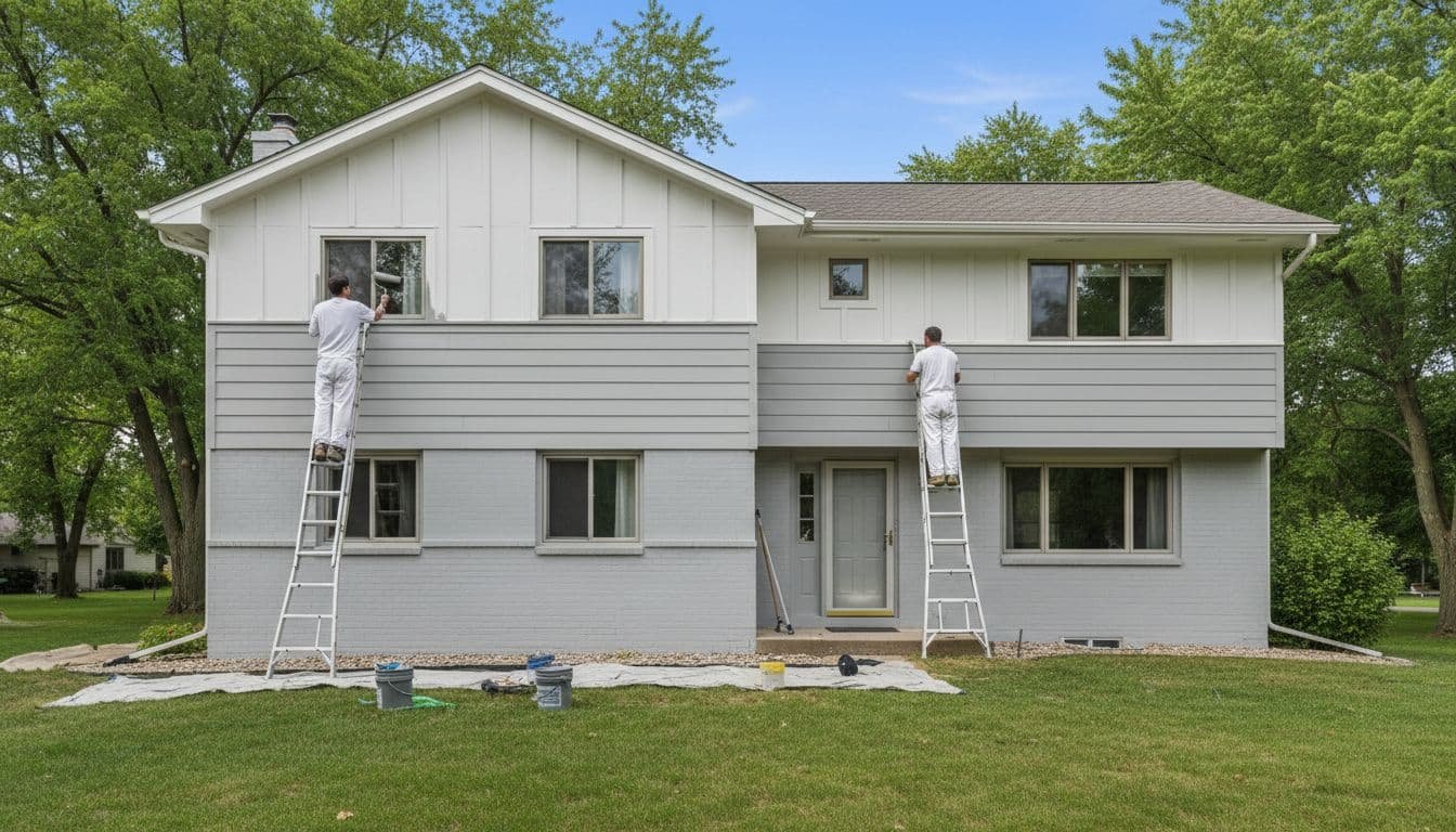 Two professional painters on ladders apply fresh white and gray paint to the siding of a modern two-story suburban house in a Roseville, Minnesota neighborhood under summer daylight with clear blue sky and green lawn.