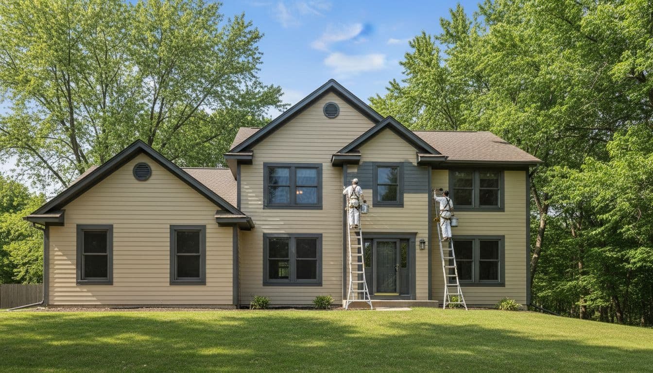 Two painters on ladders apply beige siding and dark trim to a two-story suburban house in Savage, Minnesota, with green lawn and trees on a bright summer day.