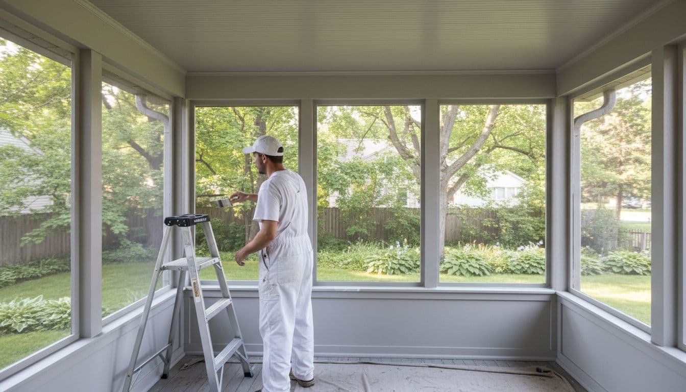 Screened Porch Painting Cost in Minneapolis in 2026 2 Professional painter in white overalls brushes light gray trim on screened porch with green backyard view.