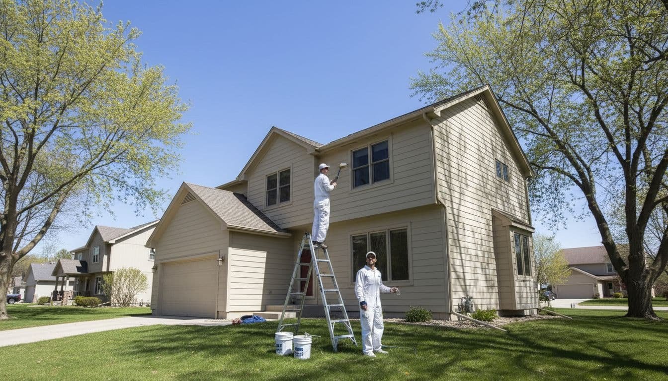 Two professional painters use ladders and rollers to apply fresh beige paint to the wood siding exterior of a two-story suburban house in a Shoreview, Minnesota neighborhood on a mild spring day with clear blue sky.