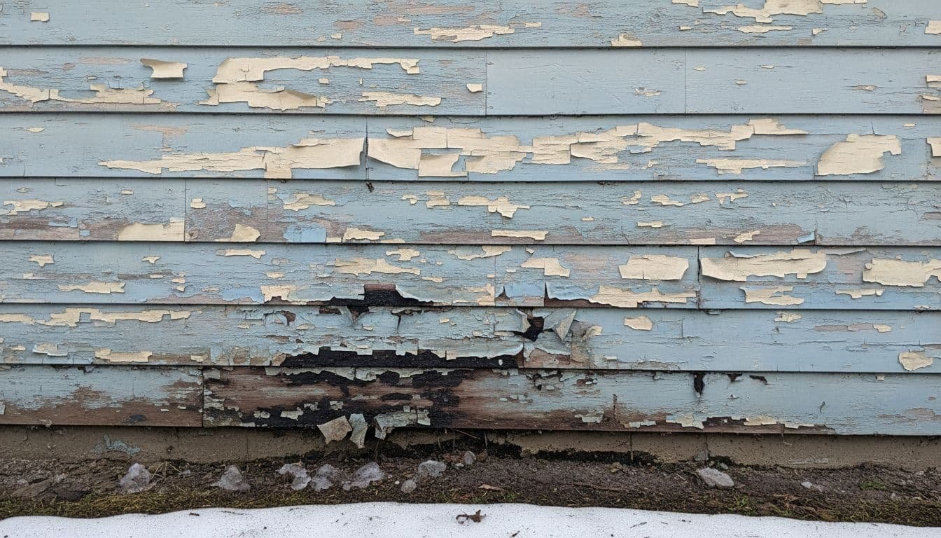 Close-up of weathered wood siding on a Shoreview Minnesota suburban house exterior, featuring peeling paint flakes, cracks from freeze-thaw cycles, moisture stains, and rot spots from harsh winters, with melting snow patches in early spring.