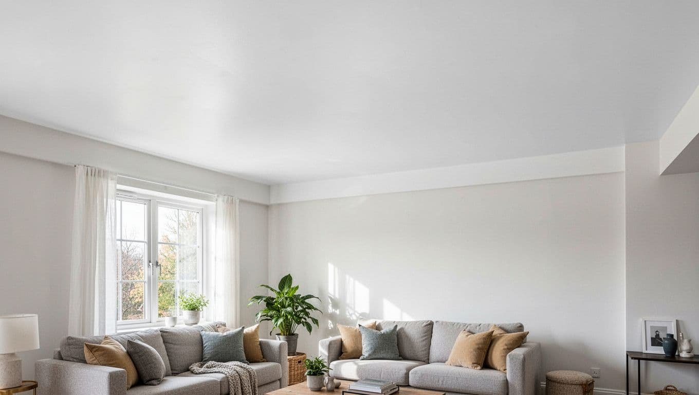 Smooth freshly painted white ceiling in a modern Minneapolis living room with even professional finish, no visible joints or texture, soft natural light from window, and cozy furniture below.