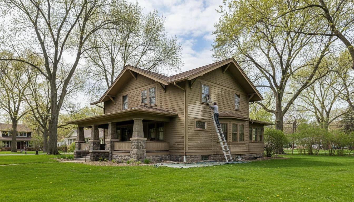 Painter on ladder preps weathered siding on two-story Craftsman home amid early spring grass and budding trees.