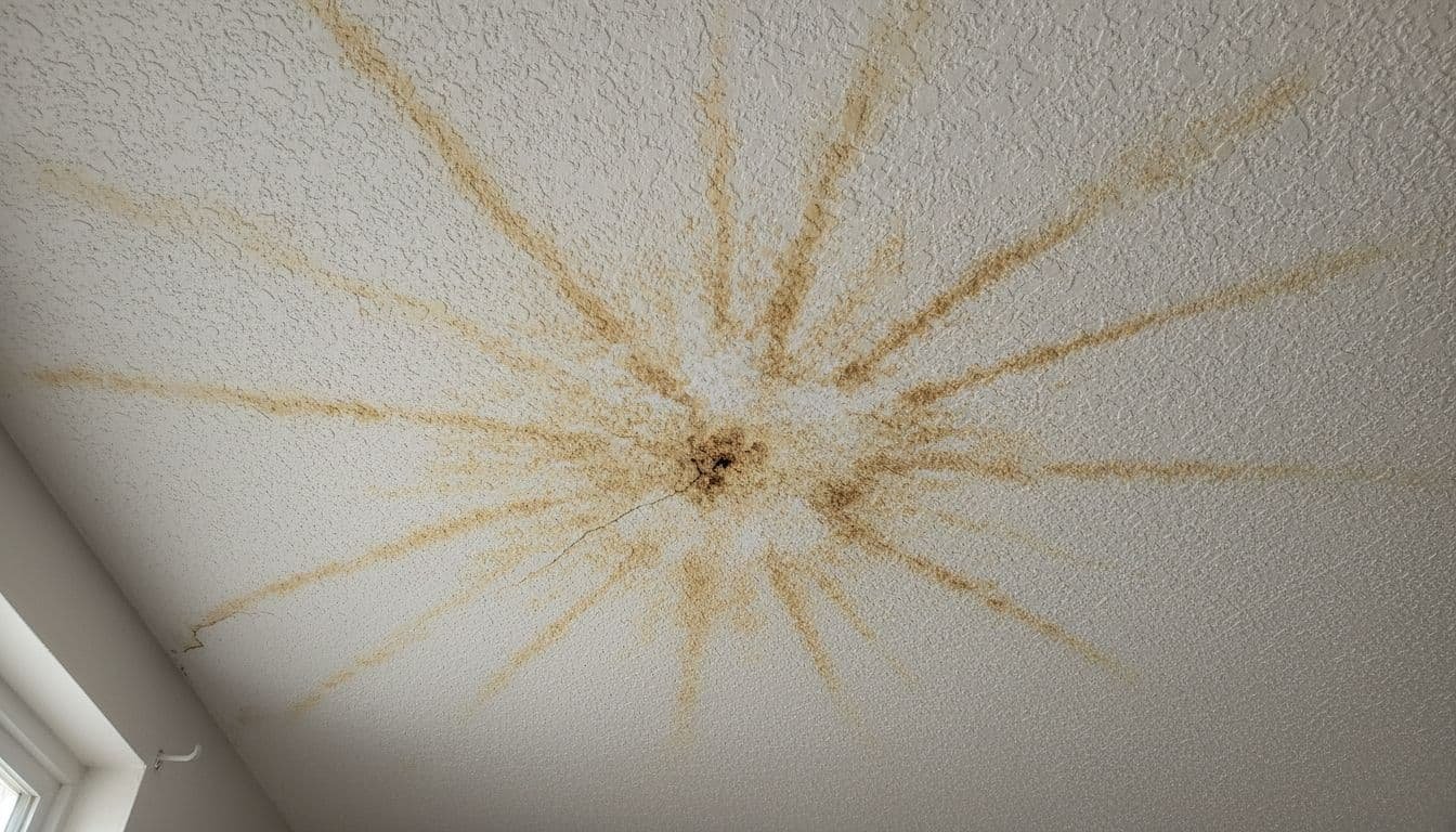 Close-up of yellow-brown water stains spreading irregularly on a popcorn-textured residential ceiling with slight sagging, illuminated by soft natural light.