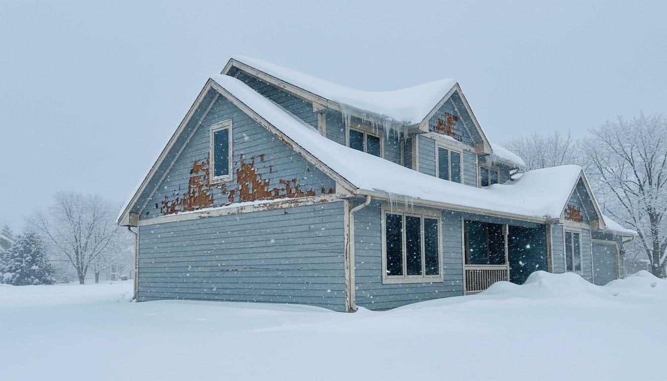 Suburban house exterior in Woodbury, Minnesota, during harsh winter with snow on the roof, ice forming on siding from freeze-thaw cycles, and visible peeling paint damage under a cold overcast sky with light snow. Realistic photo in blue-gray tones showing weather-related prep needs for painting.
